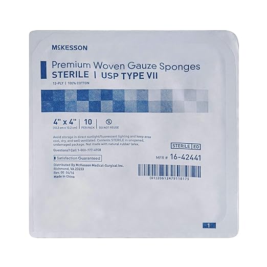 McKesson Premium Woven Gauze Sponges, Sterile, 12-Ply, USP Type VII, 100% Cotton, 4 in x 4 in, 10 per Pack, 128 Packs, 1280 Total