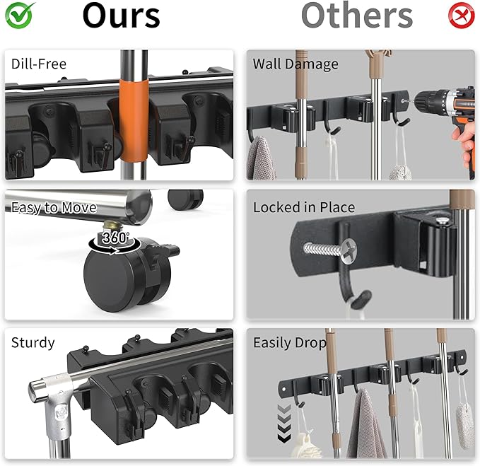 No-Drill Broom Holder Laundry Room Organization, Movable Cleaning Supplies Organizer, Cleaning Cart with 10 Racks and 12 Hooks, Broom and Mop Holder for Kitchen Laundry Garden Garage