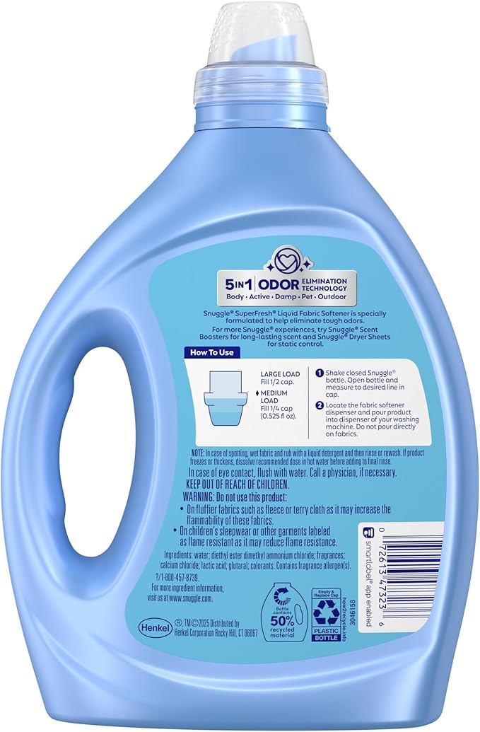 Snuggle Liquid Fabric Softener, SuperFresh Spring Burst, Eliminates Tough Odors, 2X Concentrated, 150 Loads (size may vary)