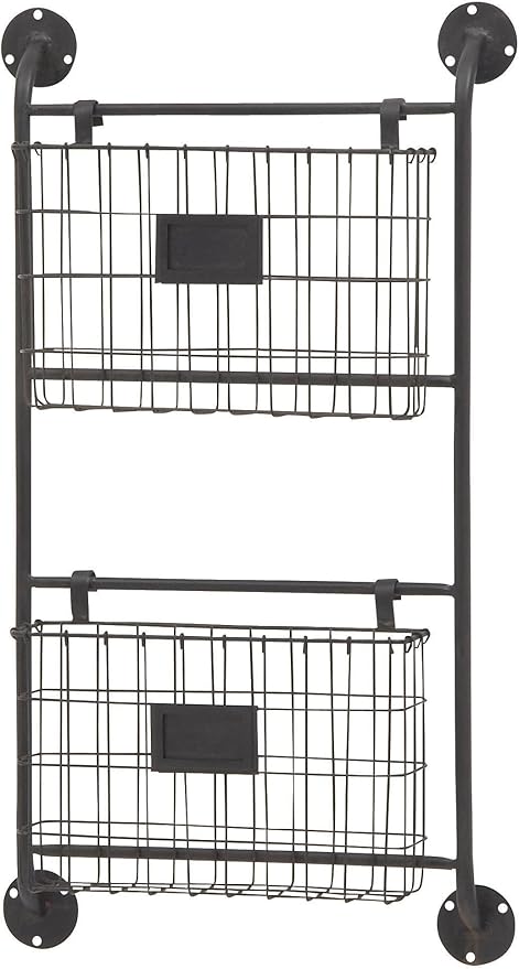 Deco 79 Metal Rectangle Magazine Rack Holder with Suspended Baskets and Label Slot, 16" x 3" x 28", Black