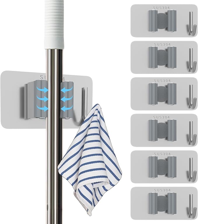 6 Pack Stainless Steel Mop and Broom Holders – Wall Mounted Grippers with Adhesive or Nail-Free Glue, No-Drill Installation for Kitchen, Bathroom, Garage