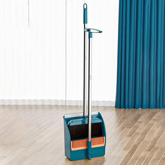42.7'' Broom with Dustpan Combo Set, House Warming Gifts New Home, Dust pan and Broom Set, Long Handle Broom with Stand Up Dustpan Combo Set for Office Home Kitchen Lobby Floor Use (Green)