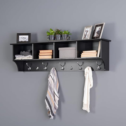 Prepac 60" Contemporary Wall Mounted Coat Rack, Coat Hooks Wall Mount with 4 Shelves, Ideal for Hallway or Entryway Storage Solution, 11.5"D x 60"W x 16.5"H, Black