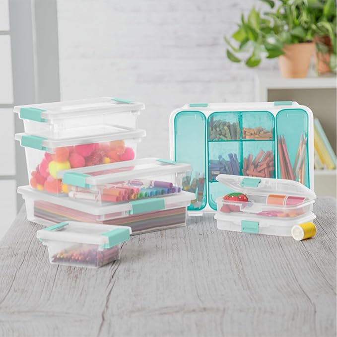 Sterilite 4-Pack Clip Box, Stackable Clear Plastic Bins with Latching Lids, Medium - Writing, Arts or Crafts Supplies Storage Containers for Home, Office, Classroom and Workshop Organization