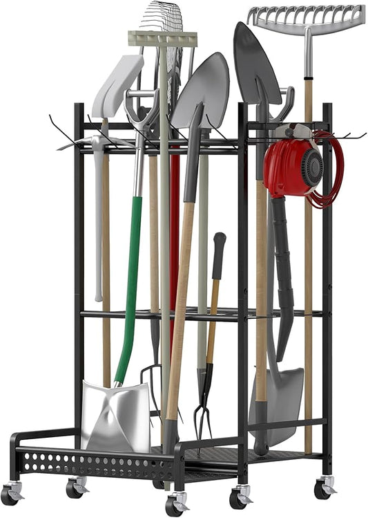 Garden Tool Organizer with Wheels, Heavy-Duty Steel Garage Tool Storage Rack, 360° Rotating Yard Tool Stand for Long-Handled Tools, Lawn Tool Holder for Shovels Rakes Mops Brooms