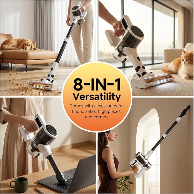 Cordless Vacuum Cleaner for Home - Lightweight, Stick Vacuum Clean with Rechargeable Battery, Max 45Mins Runtime, 8 in 1 Handheld Vacuum for Hardfloor & Carpets Pet Hair, White&Yellow
