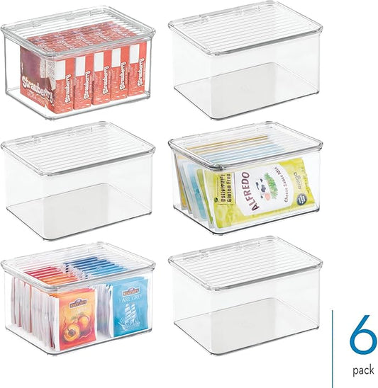 iDesign Plastic Stackable Hinged-Lid Pantry or Kitchen Storage Box - Set of 6 - Clear