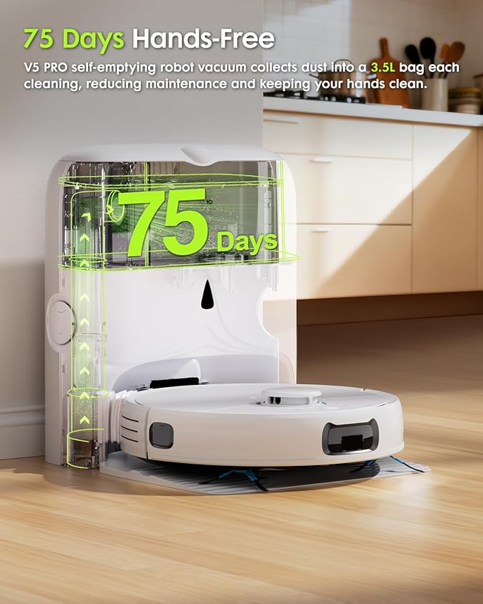 V5 PRO Robot Vacuum and Mop Combo, 10000Pa Suction, Self-Emptying Station, LDS Laser Navigation, Tangle-Free Brush for Pet Hair, Deodorizing Spray, Liftable Mop