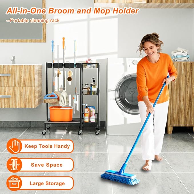Broom and Mop Holder with Cleaning Supplies Organizer, Narrow Cleaning Cart with Cleaning Caddy, 25.6"W Medium Cleaning Rack with Grippers Rack Hooks for Housekeeping Laundry Room Organization