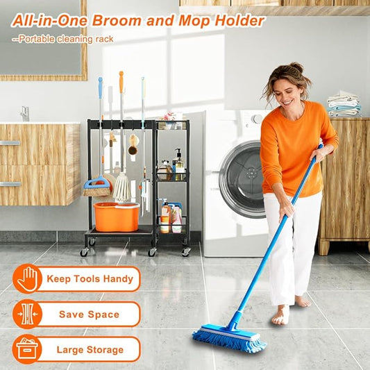 Broom and Mop Holder with Cleaning Supplies Organizer, Narrow Cleaning Cart with Cleaning Caddy, 25.6"W Medium Cleaning Rack with Grippers Rack Hooks for Housekeeping Laundry Room Organization