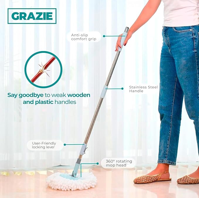 Spin Mop and Bucket with Wheels Wringer 360 Microfiber Mop with Stainless Steel Handle Self Wringing Cleaning System Bucket with Drain for Tile Hardwood Laminate Floors Includes 6 Mop Head Refills
