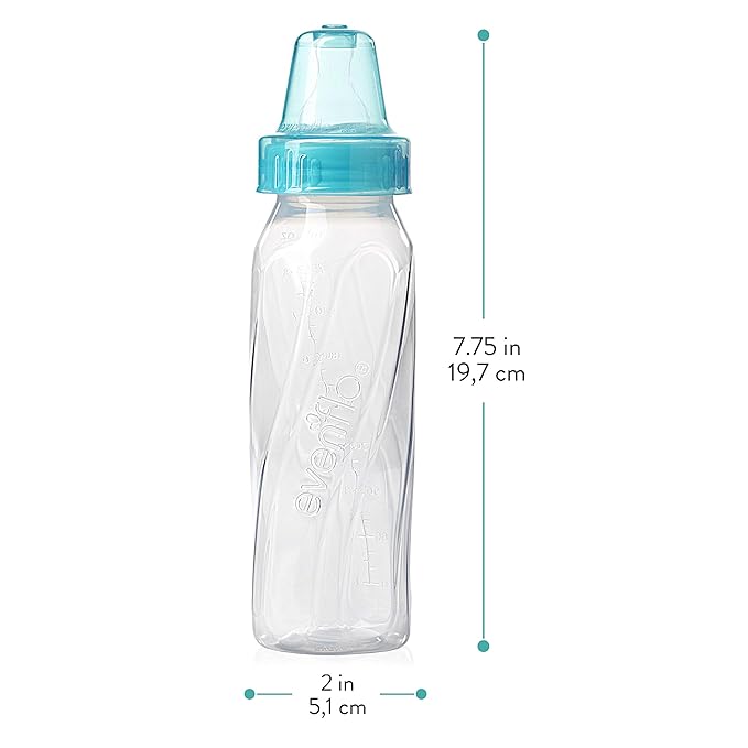 Evenflo Feeding Classic Clear Plastic Standard Neck Bottles for Baby, Infant and Newborn - Teal/Green/Blue, 8 Ounce (Pack of 12)