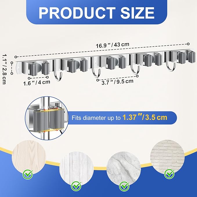 Mop Broom Holder Wall Mount Mop and Broom Holder with 5 Racks and 4 Hooks, Heavy Duty Broom Hanger Tool Storage Oragnizer Rack for Home, Garage, Garden and Laundry Room, Sliver