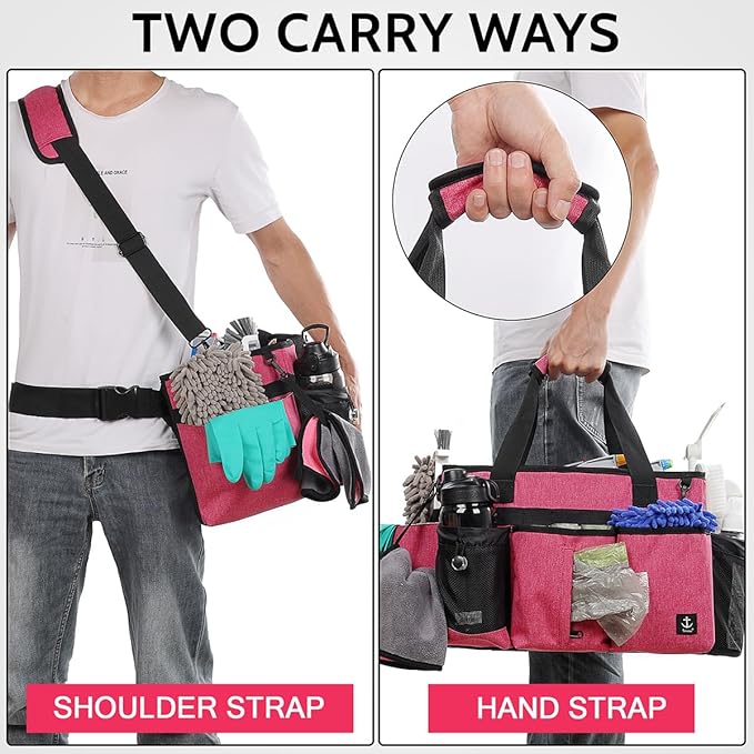 Large Cleaning Caddy Bag Built-in Sturdy Support Board, Cleaning Organizer with Detachable Divider, Cleaning Supply Tote with Adjustable Shoulder Strap&Waist Belt for Cleaners & Housekeeper
