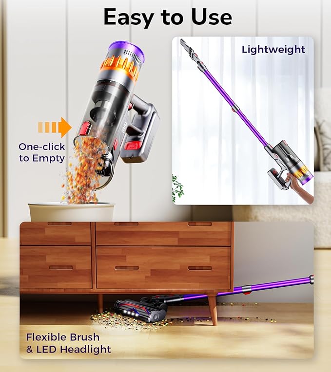Cordless Vacuum Cleaner, 600W 50Kpa 70 Mins Vacuum Cleaners for Home, Self-Standing Stick Vacuum with Touch Screen, Wall Dock, Anti-Tangle Rechargeable Vacuum for Pet Hair Carpet Hardwood Floor