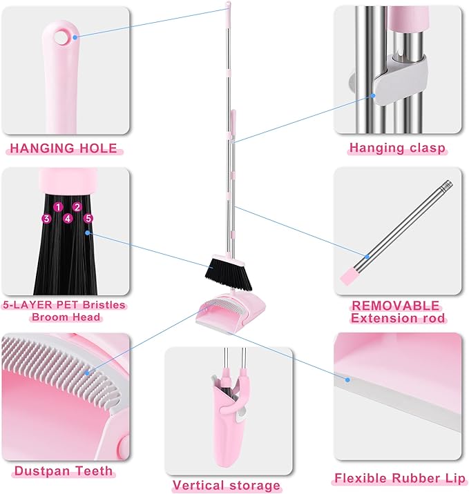 Pink Broom and Dustpan Set, 52” Long Adjustable Handle Broom with Dustpan Combo Set with Dust Pan Teeth to Clean Hair for Home Lobby Office