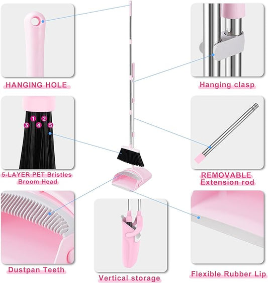 Pink Broom and Dustpan Set, 52” Long Adjustable Handle Broom with Dustpan Combo Set with Dust Pan Teeth to Clean Hair for Home Lobby Office