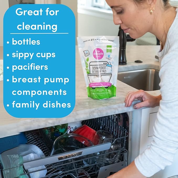Dapple Baby Dishwasher Pacs, Hypoallergenic Dishwasher Pods Powered by Plants, Removes Milk Residue & Odor on Dishes, Baby Bottles & Kitchenware, Fragrance Free, 50 count