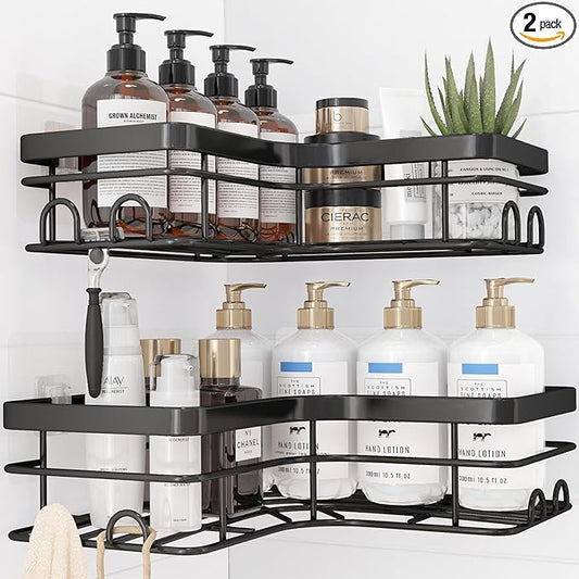 Corner Shower Caddy - 2 Pack, Adhesive Shower Organizers, Rustproof Stainless Steel Shower Shelves with 8 Hooks, No Drilling Bathroom Organizers and Storage Racks, Space-Saving, Black, X-Large