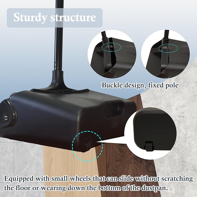 3-Pack Commercial Upright Dust Pan with Long Handle and Wheels – Heavy Duty Large Dust Pans for Indoor/Outdoor Use, Janitorial or House Cleaning Tools, Black Standing Dustpan