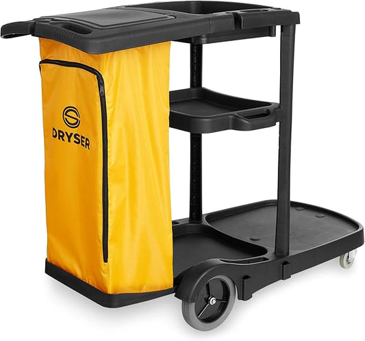 Dryser Commercial Janitorial Cleaning Cart on Wheels - Black Housekeeping Caddy with Cover, Shelves and Vinyl Bag