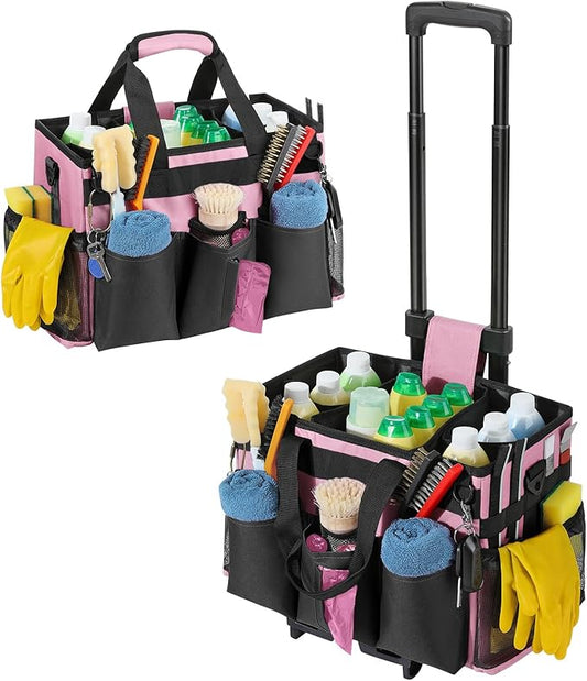 Housolution Rolling Cleaning Caddy Bag with Detachable Trolley, Professional Portable Large Cleaning Bag with Wheels, Home Organiser Wearable Cleaning Supply Bag on Wheels for Housekeepers, Pink