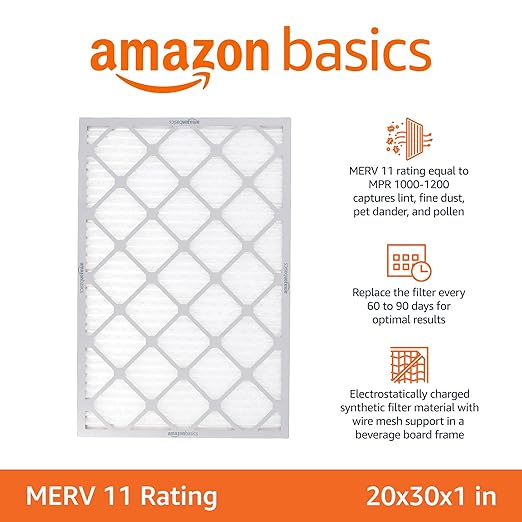 Amazon Basics 20x30x1 Air Filter 6-Pack, MERV 11 AC Furnace Filters, Removes Dust, Pet, Allergy Control, Electrostatic, Removes Lint and Pollen (Actual Size: 19.75" x 29.75" x 0.75")