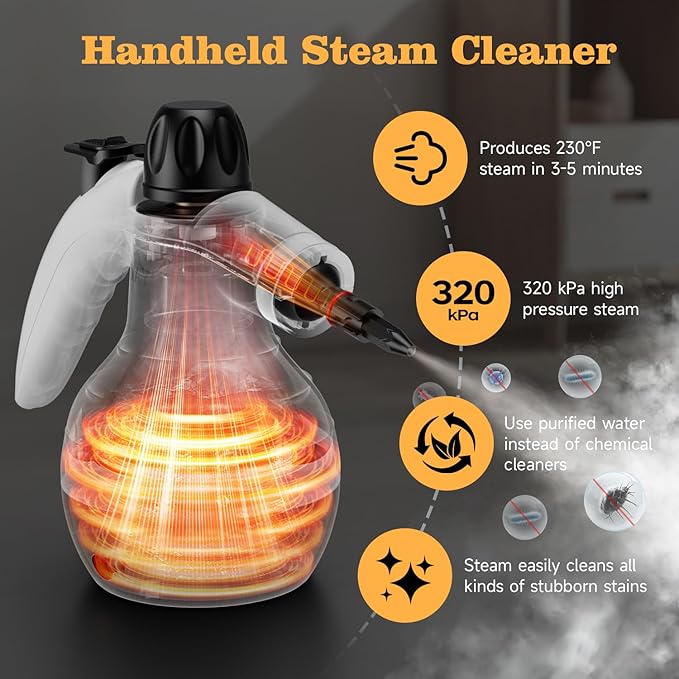 Steam Cleaner, Handheld Steam Cleaner for Home, 16-Piece Steam Cleaner Kit with Automatic Steam Switch, Steamer for Kitchen, Bathroom, Car, Living Room and Multi-Surface Deep Cleaning (White)