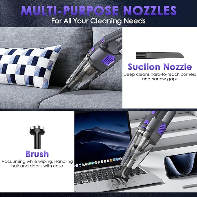 Handheld Vacuum Cordless, 15000PA Strong Suction Hand Held Car Vacuum Cleaner Rechargeable, Portable Hand Vacuum with Multi-Nozzles & Washable Filter for Home Office, Car, Pets