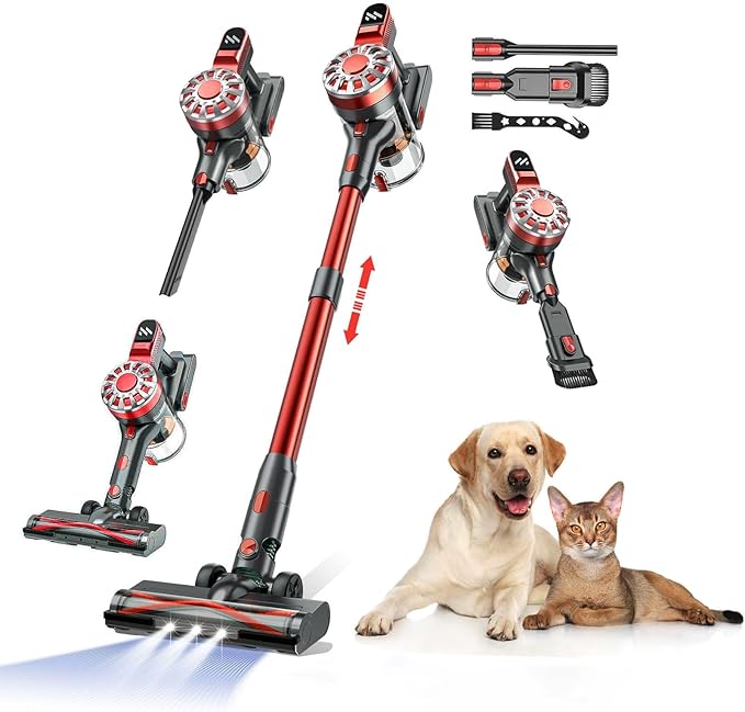 Cordless Vacuum Cleaner for Home, Lightweight Stick Vacuum Cordless Rechargeable with Power Suction, Up to 35 Mins Runtime, Hardwood Floor Vacuum for Pet Hair, Carpets, Tile(Red)