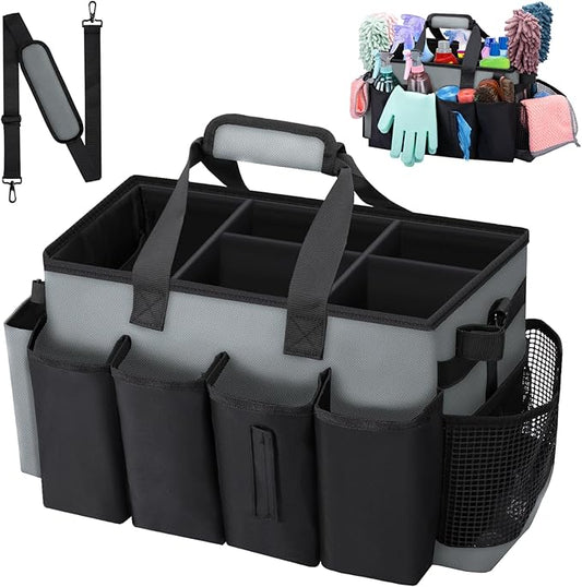 Wearable Large Cleaning Caddy Bag for Housekeeper, Clean Supply Organizer with Adjustable Shoulder, Waist & Handle Straps, Detailing Bag for Kitchen Supplies (Black&Gray)