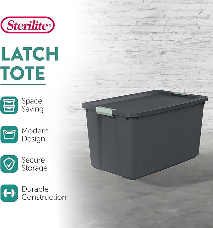 Sterilite 8 Pack 34 Gallon Latch Tote, Stackable Plastic Storage Bin Container, Gray/Green