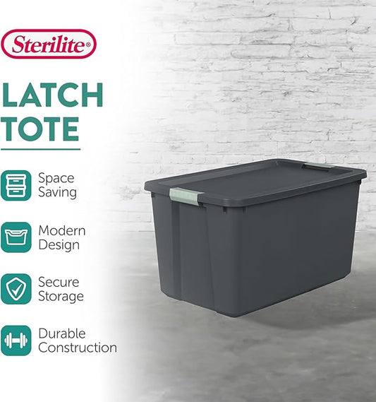 Sterilite 12 Pack 34 Gallon Latch Tote, Stackable Plastic Storage, Gray/Green