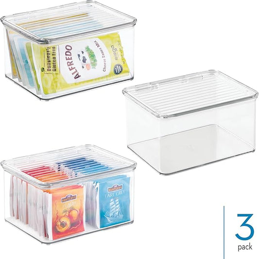 iDesign Plastic Stackable Hinged-Lid Pantry or Kitchen Storage Box - Set of 3 - Clear