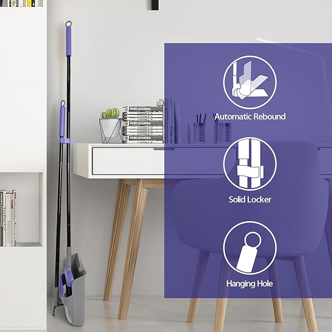 Broom and Dustpan Set for Home, 54-inch Long Adjustable Handle Broom with Stand Up Dustpan, 180 Degree Rotating Broom Head & Comb Teeth - Indoor Sweeping Combo for Kitchen Lobby Floor Office (Purple)