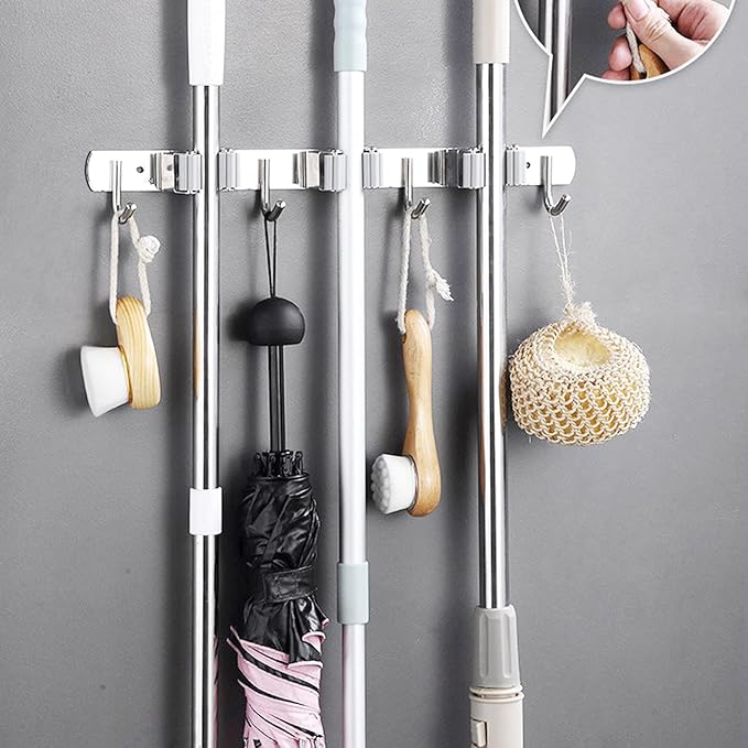 Broom Mop Holder Wall Mount Cleaning Tool holder, Heavy Duty Stainless Steel Broom Hanger Rack Hook Organizer, Garage Storag Racks wall Mounted Broom Hanger for Home, Kitchen, Garden, Garage, Landry