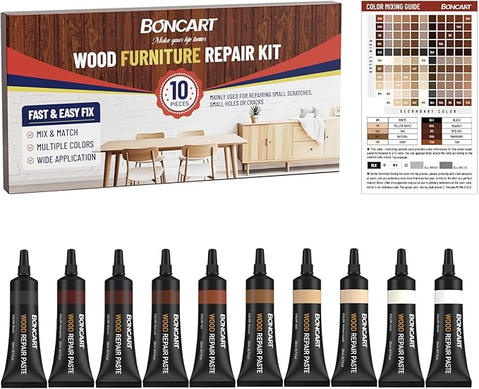 Wood Furniture Repair Kit, Wood Touch up Fillers, Repair Scratches, Cracks, Paint Chips, and Nail Holes on Furniture, Floors, Doors, Cabinets, and Tables (10 Colors)