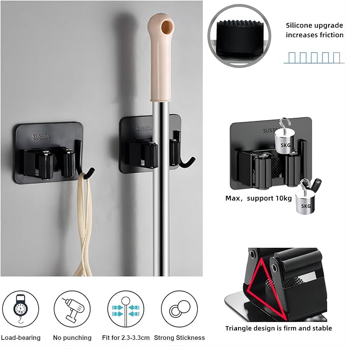 Mop Broom Holder No Drill StainlessSteel, Mop Broom Organizer Wall Mounted Heavy Duty with Hooks Hanger,Anti-Slip Adhesive Hook Broom Holder Wall Mount，Self Adhesive 4Pcs for Bathroom, Kitchen, Office