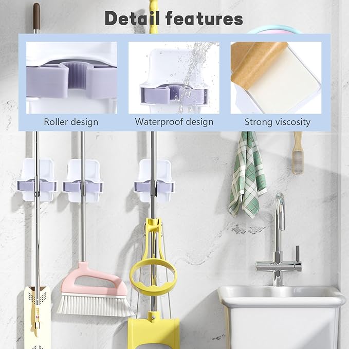 4 Pack Mop and Broom Holder Wall Mount, Self Adhesive Broom Hanger, Mop Gripper Organizer Broom Clips for Hanging Home Garage Garden Laundry Room Storage (White) (4)