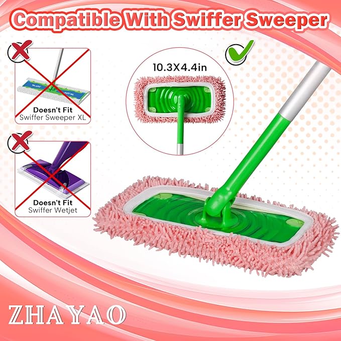 Reusable 100% Coral Fleece Mop Pads Compatible with Swiffer Sweeper Mop, Pink, Wet and Dry Flat mop Cover, 3 Pack Washable Mop Pads for Surface/Hardwood Floor Cleaning (Mop is Not Included)