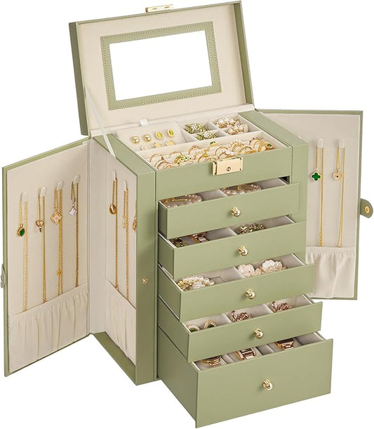 SONGMICS 6-Layer Jewelry Box Organizer with 5 Drawers, Jewelry Storage Case with Lock and Mirror, Large Storage Capacity, Gift for Loved Ones, for Necklaces, Watches, Sage Green UJBC152CE01S
