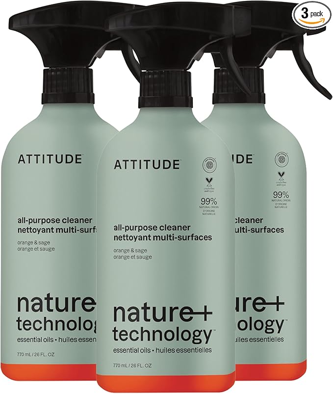 ATTITUDE All-Purpose Cleaner Spray, Plant-Based Ingredients, EWG Verified, Streak Free, Removes Fingerprints, Dust and Dirt, Sage & Orange, 26 Fl Oz (Pack of 3)