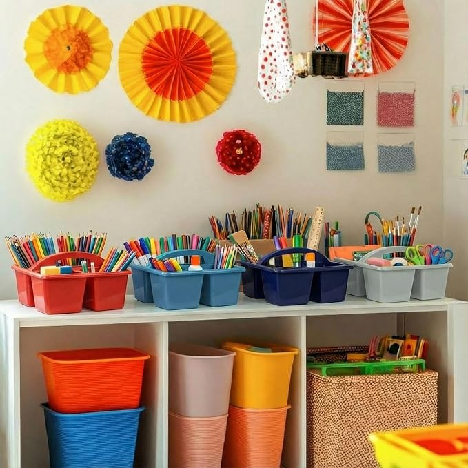 Kathfly 12 Pack Caddy Organizer with Handle, Stackable Organization Storage, Small Plastic Basket Classroom Caddy for Table Desk Office Pencil Kids Room Craft Art Teacher School Supplies (Deep Color)