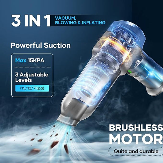 Mini Vacuum Cleaner, 3 in 1 Car Vacuum Cleaner High Power, 15000PA Powerful Suction, Air Duster, 7500mAh, Adjustable Small Vaccum Portable Cordless for Cars,Desktop,Home- Light Blue