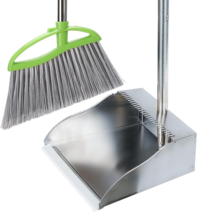 Heavy Duty Broom and Dustpan Set, Metal Stand Up Dustpan with Outdoor Stiff Bristles Broom for Hardwood Patio Floor Sweeping