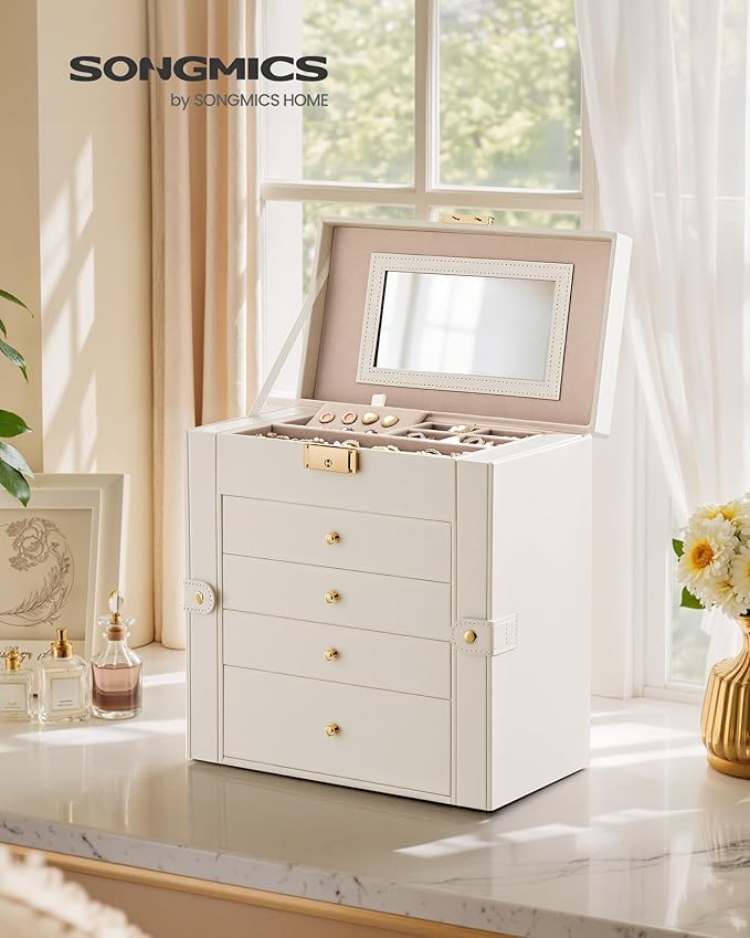 SONGMICS 5-Layer Jewelry Box Organizer with 4 Drawers, Jewelry Storage Case with Lock and Mirror, Large Storage Capacity, Gift for Loved Ones, for Necklaces, Watches, Cream White UJBC153WD01S