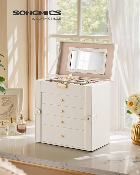 SONGMICS 5-Layer Jewelry Box Organizer with 4 Drawers, Jewelry Storage Case with Lock and Mirror, Large Storage Capacity, Gift for Loved Ones, for Necklaces, Watches, Cream White UJBC153WD01S