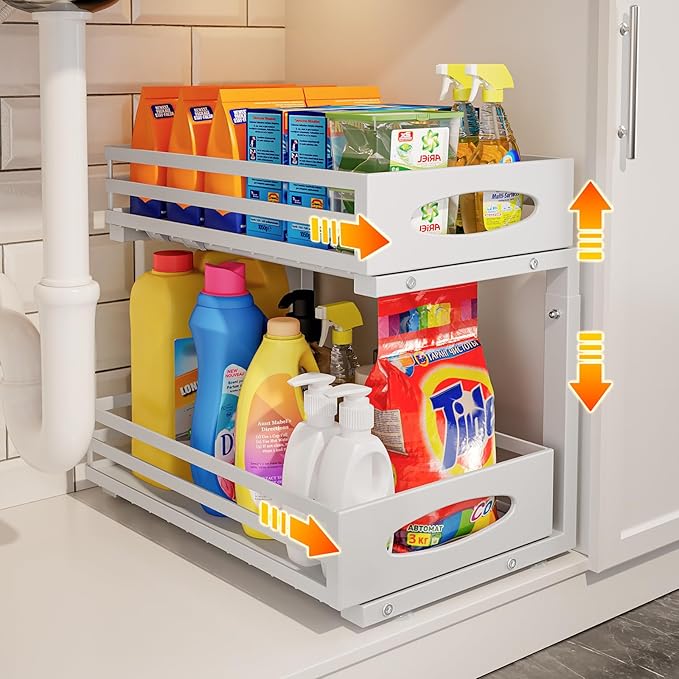 Under Sink Organizer, 2 Tier Under Sink Organizers and Storage, Adjustable Height, Slide Out Metal Cabinet Organizers, Pull Out Cabinet Storage Drawer Shelf for Kitchen Bathroom