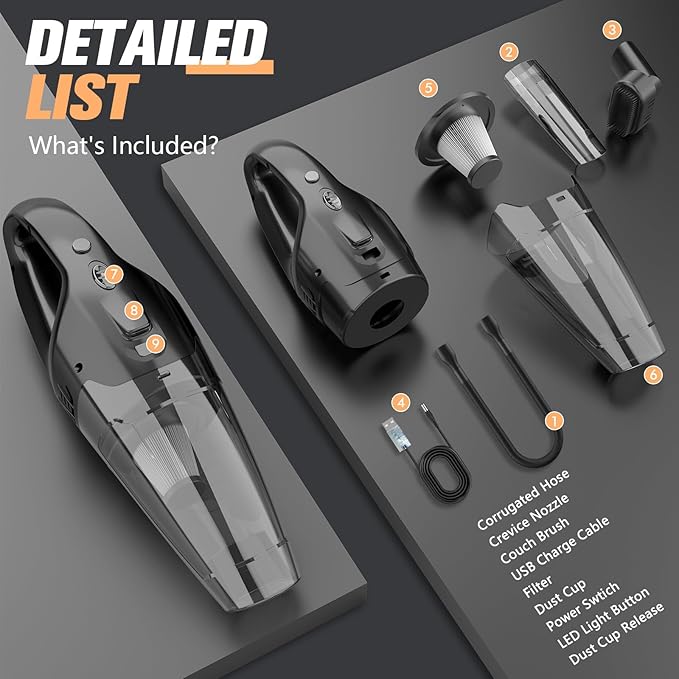 Hand Vacuum Powerful Suction, Hand held Vacuum Cordless Rechargeable with LED, USB Charge, 1.65LBs Car Vacuum with HEPA Filter, for Car/Home/Pet