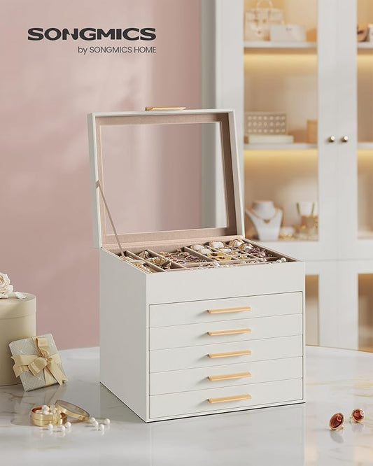 SONGMICS GISELLA Collection - Jewelry Box Organizer, 6-Layer Jewelry Storage with 5 Drawers, Shiny Metal Hardware, Glass Lid, Modern, 8 x 9.1 x 9 Inches, Cloud White and Gold Color UJBC176W01